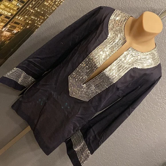 TORY BURCH - top: l/s navy 3/4 slv w silver sequin accents on neck & cuffs - 10 - Picture 16 of 16
